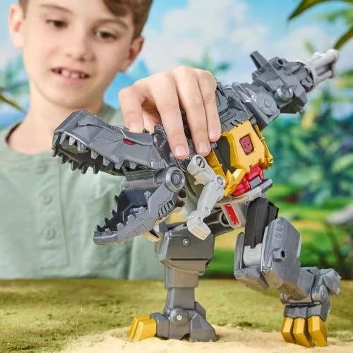 Transformers robot action figure, side view, grey armor with red chest and yellow feet