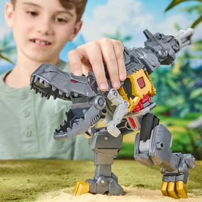 Transformers robot action figure, side view, grey armor with red chest and yellow feet