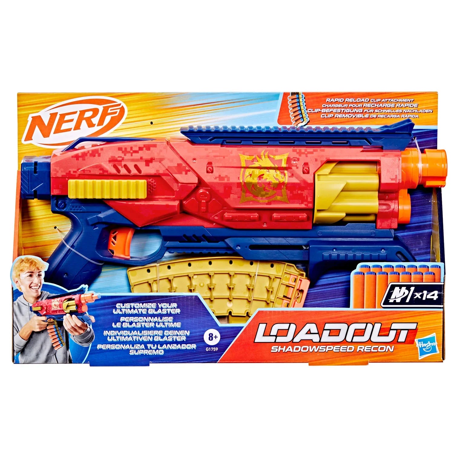Loadout Shadowspeed Recon blaster in red/blue/orange shown on product box