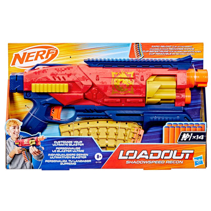 Loadout Shadowspeed Recon blaster in red/blue/orange shown on product box