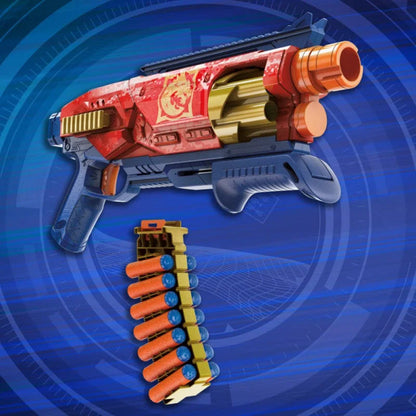 Red and gray toy blaster with orange barrel and detachable belt of ammo rounds