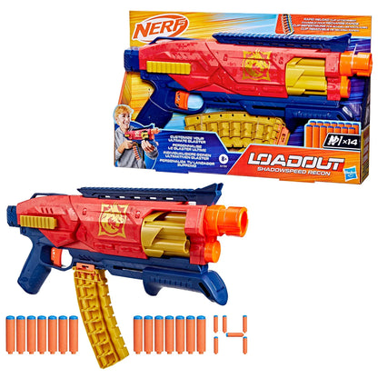 Shadowspeed Recon blaster (red/blue/orange) with yellow dart holder and darts