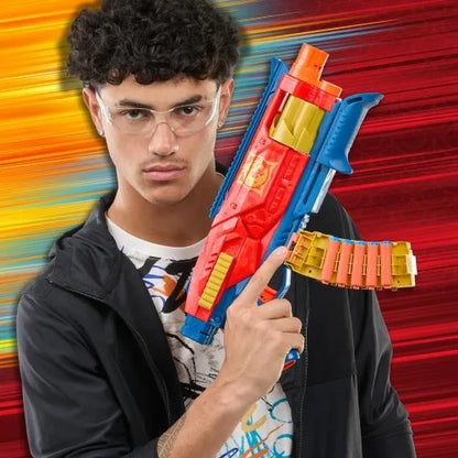 Colorful toy blaster with blue body, red and yellow details, orange barrel.