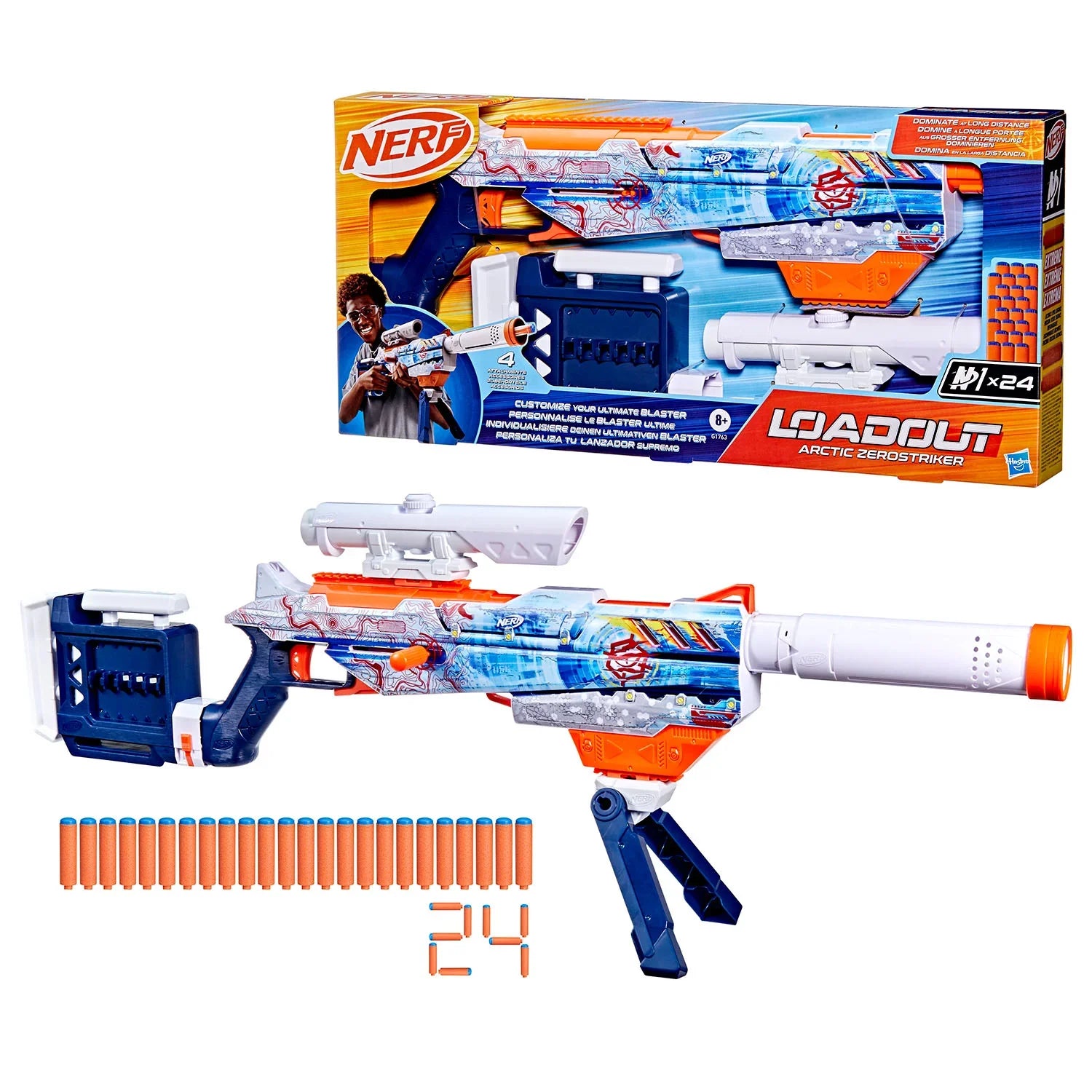 Loadout Arctic Zerostriker blaster with darts, blue ammo tray, and orange accessory parts