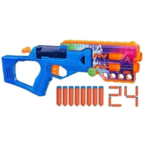 NERF blaster launcher with blue body, orange barrel, and colorful dart ammo