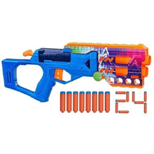 NERF blaster launcher with blue body, orange barrel, and colorful dart ammo