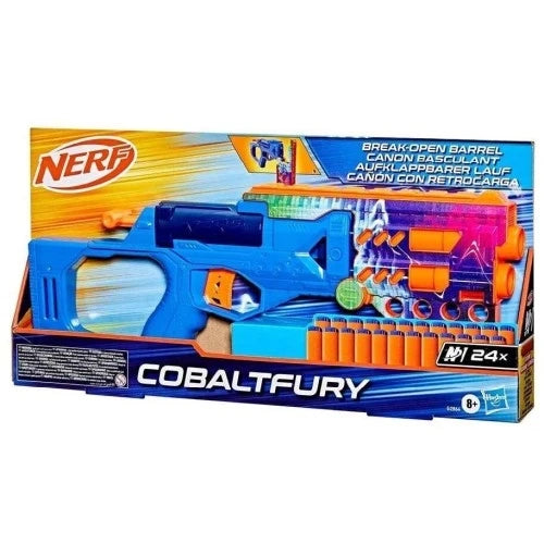 NERF blaster retail box with orange-blue artwork and dart count label