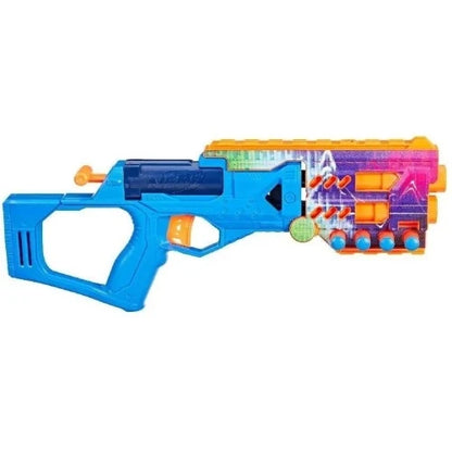 Blue NERF blaster with orange front barrel and colorful side ammo window