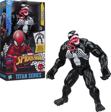Venom Titan Series action figure, open mouth with red tongue; black and white spider suit