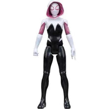 Ghost-Spider action figure with white hood, purple mask, black bodysuit