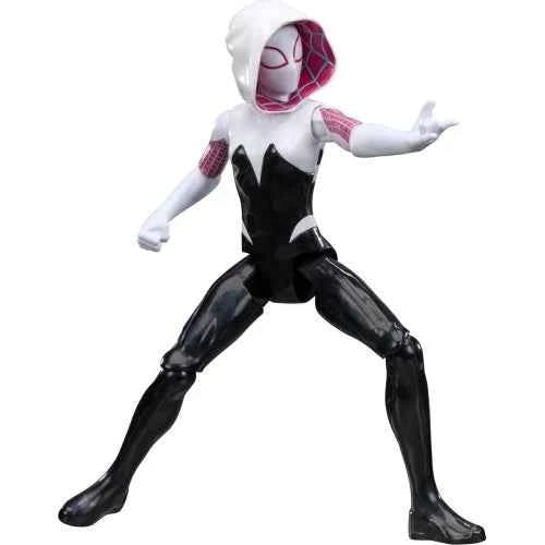 Ghost-Spider action figure with white hood and purple mask, black suit in wide pose