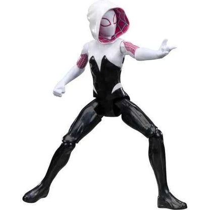 Ghost-Spider action figure with white hood and purple mask, black suit in wide pose