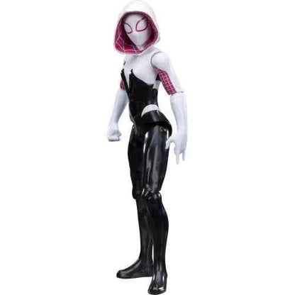 Ghost-Spider action figure in white hooded suit with purple mask, black suit side stance