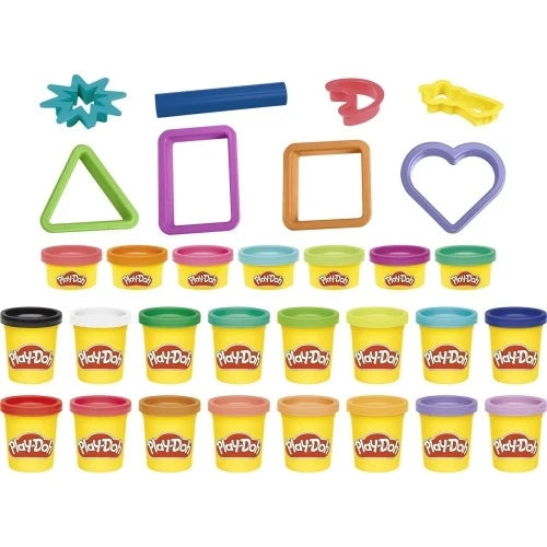 Play-Doh compound set with colored tubs and shape tools: triangle, heart, star