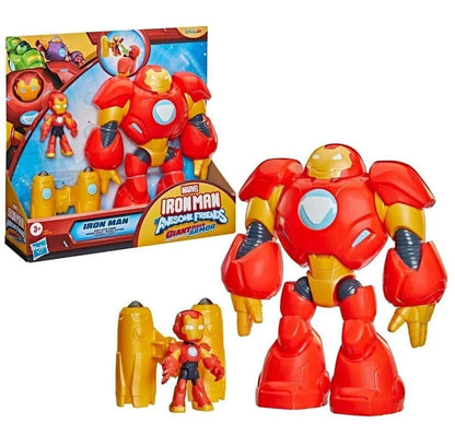 Red and gold Iron Man giant armor action figure with small Iron Man figure