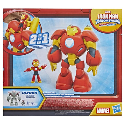 Red and gold Iron Man giant armor action figure in box display window