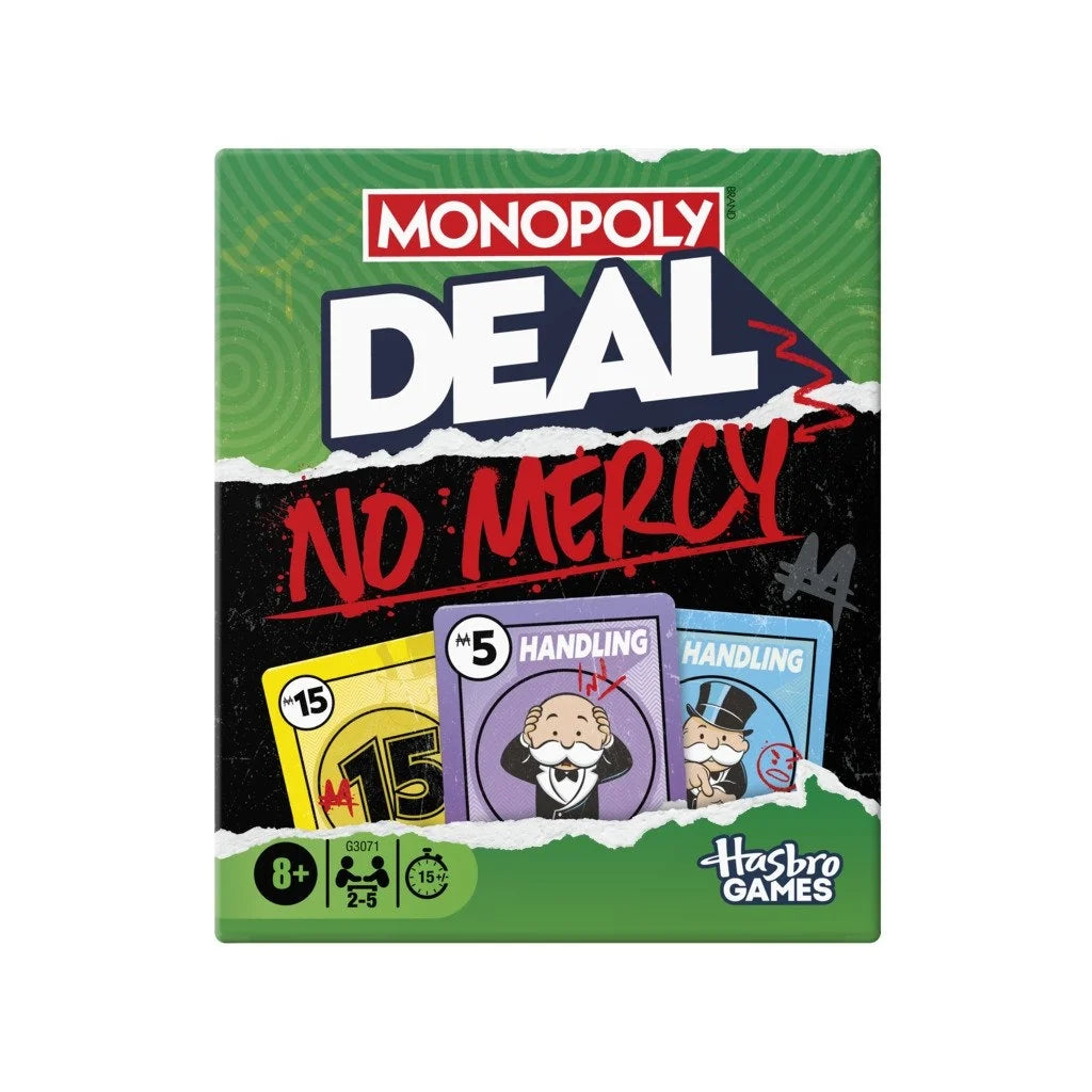 Monopoly Deal card game box front showing No Mercy artwork and handling cards