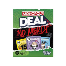 Monopoly Deal card game box front showing No Mercy artwork and handling cards