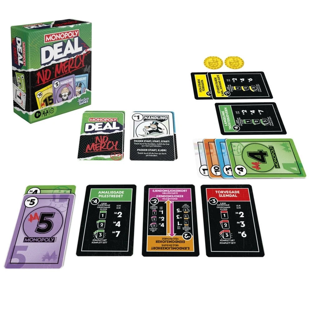 Monopoly Deal card game box with No Mercy cards and gold coin tokens