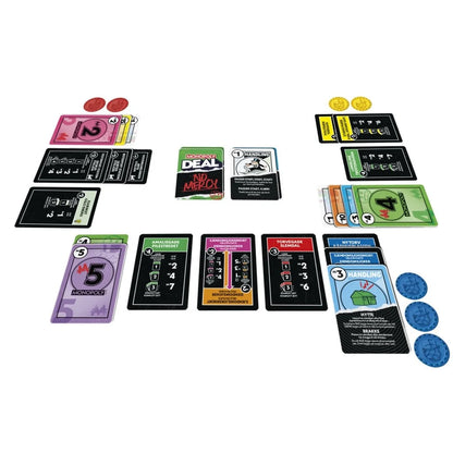 Monopoly Deal card game layout with No Mercy cards and coin tokens