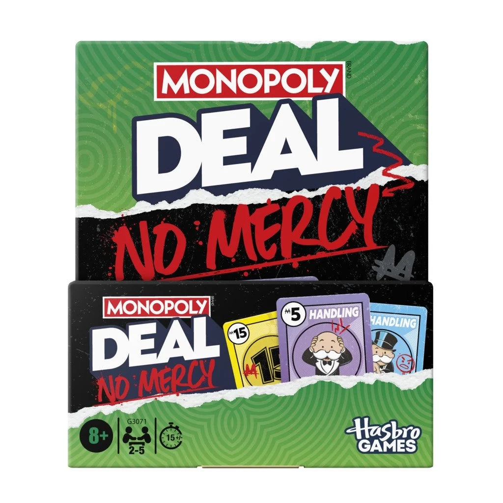 Monopoly Deal card game box with No Mercy branding and Hasbro Games logo