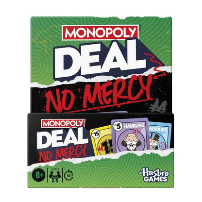 Monopoly Deal card game box with No Mercy branding and Hasbro Games logo