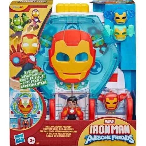 Marvel Iron Man Hall of Armor playset shown with boxed packaging and Iron Man accessory figures