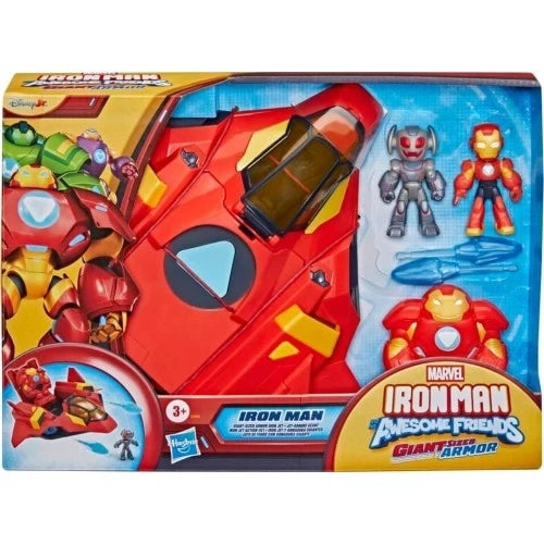 Red Iron Man giant armor jet toy in box with Iron Man and gray figure accessories