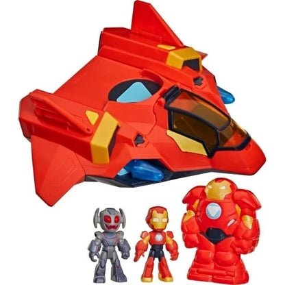 Red Iron Man jet vehicle with large cockpit window; includes gray suit and red armor figures
