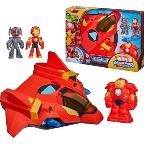 Iron Man giant armor jet toy with gray and red figures, shown with boxed set
