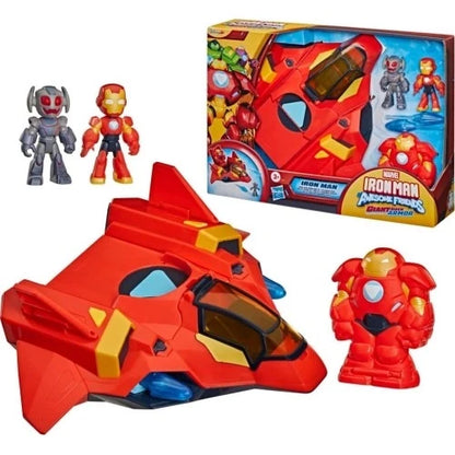 Iron Man giant armor jet toy with gray and red figures, shown with boxed set