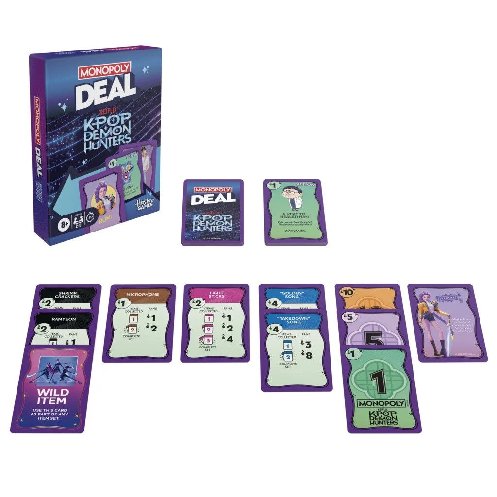 Monopoly Deal Kpop Demon Hunters card game set with cards laid out