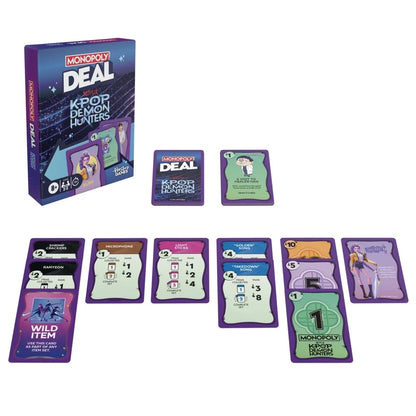 Monopoly Deal Kpop Demon Hunters card game set with cards laid out