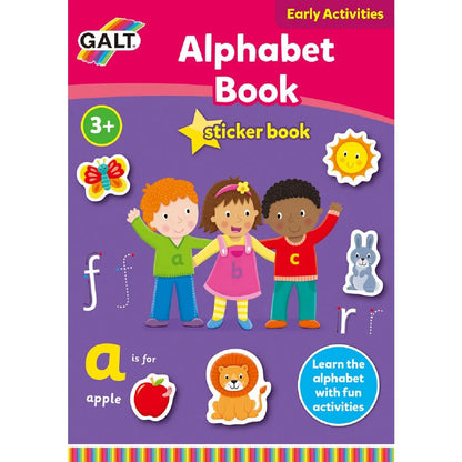 Kids alphabet sticker book cover with three children, letters, and animal stickers