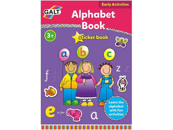 Alphabet sticker book for kids, cover with letters and cartoon figures
