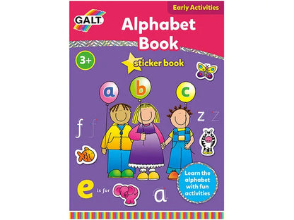 Alphabet sticker book for kids, cover with letters and cartoon figures