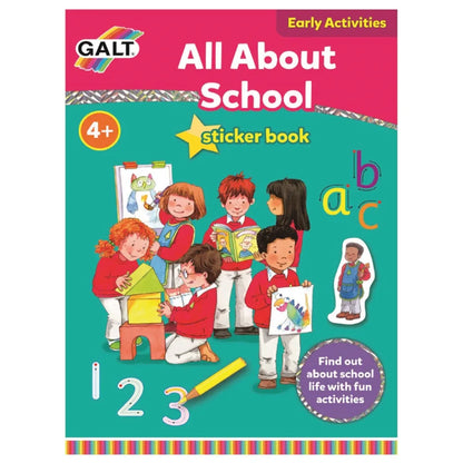 Colorful All About School sticker book cover with children, activities, and numbered pages.