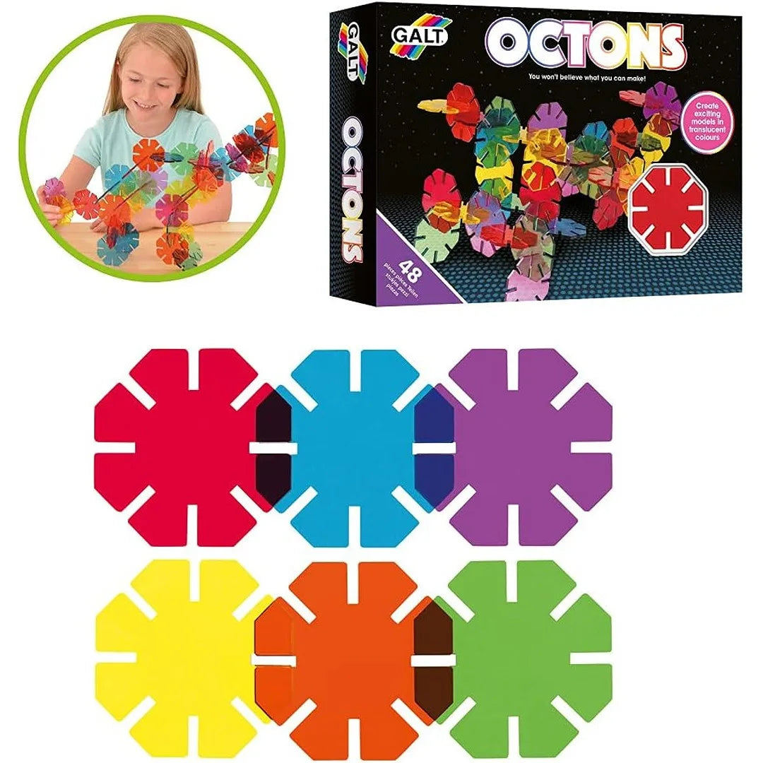 Octons building kit with multicolor interlocking piece shapes for building