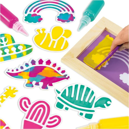 Screen print stickers sheet with colorful animal stickers and marker, hand applying ink