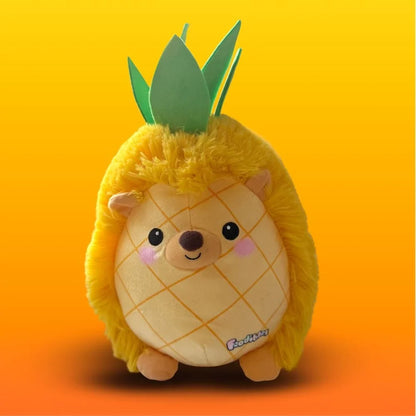 Yellow hedgehog plush toy with tufted fur and stitched grid belly