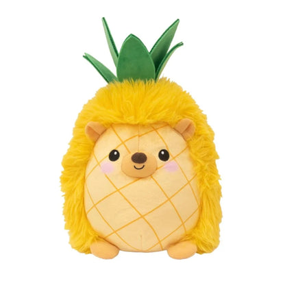 Yellow hedgehog plush with grid-pattern belly, small smile, and green top leaves