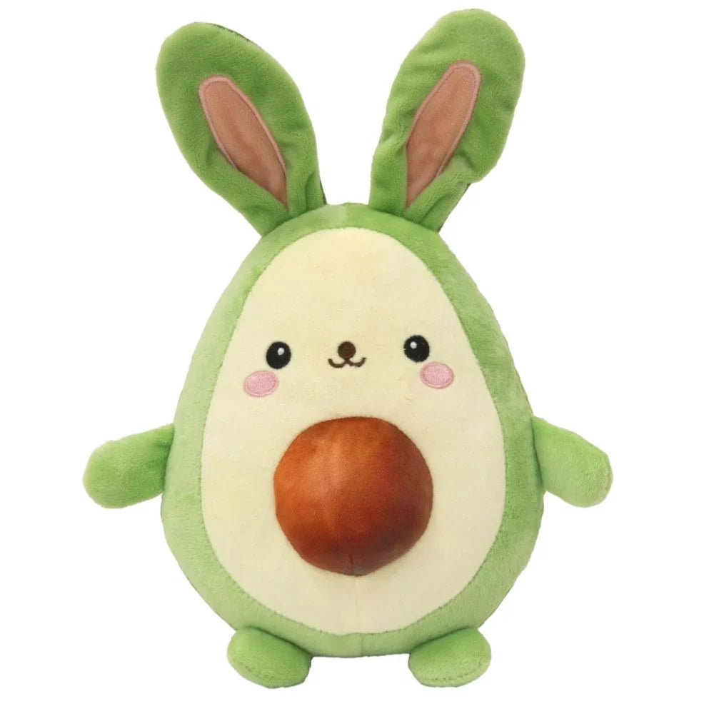 Green avocado bunny plush with long ears, blush cheeks, and round nose