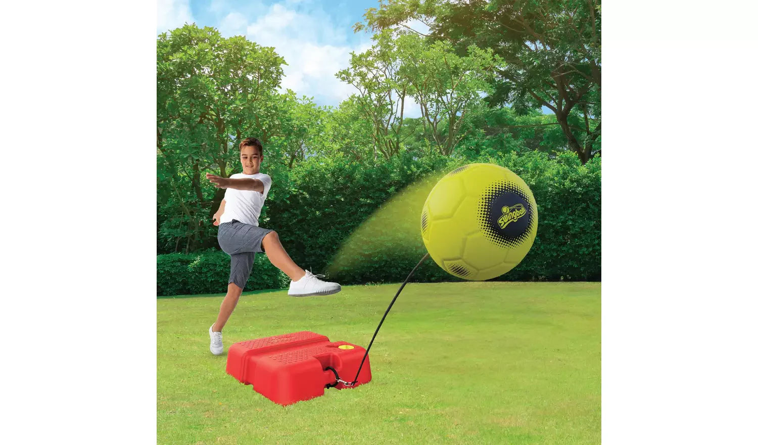 Reflex Swingball set on grass: lime soccer ball, red base rebound launcher and cord