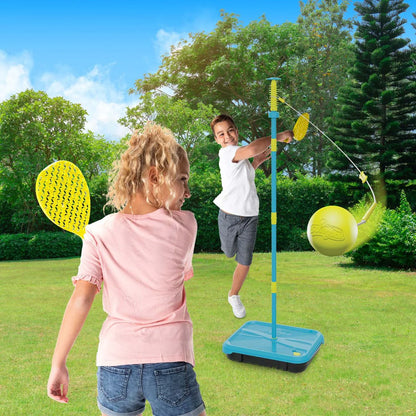 Outdoor play set with blue base, yellow-green pole, mesh paddle and yellow ball