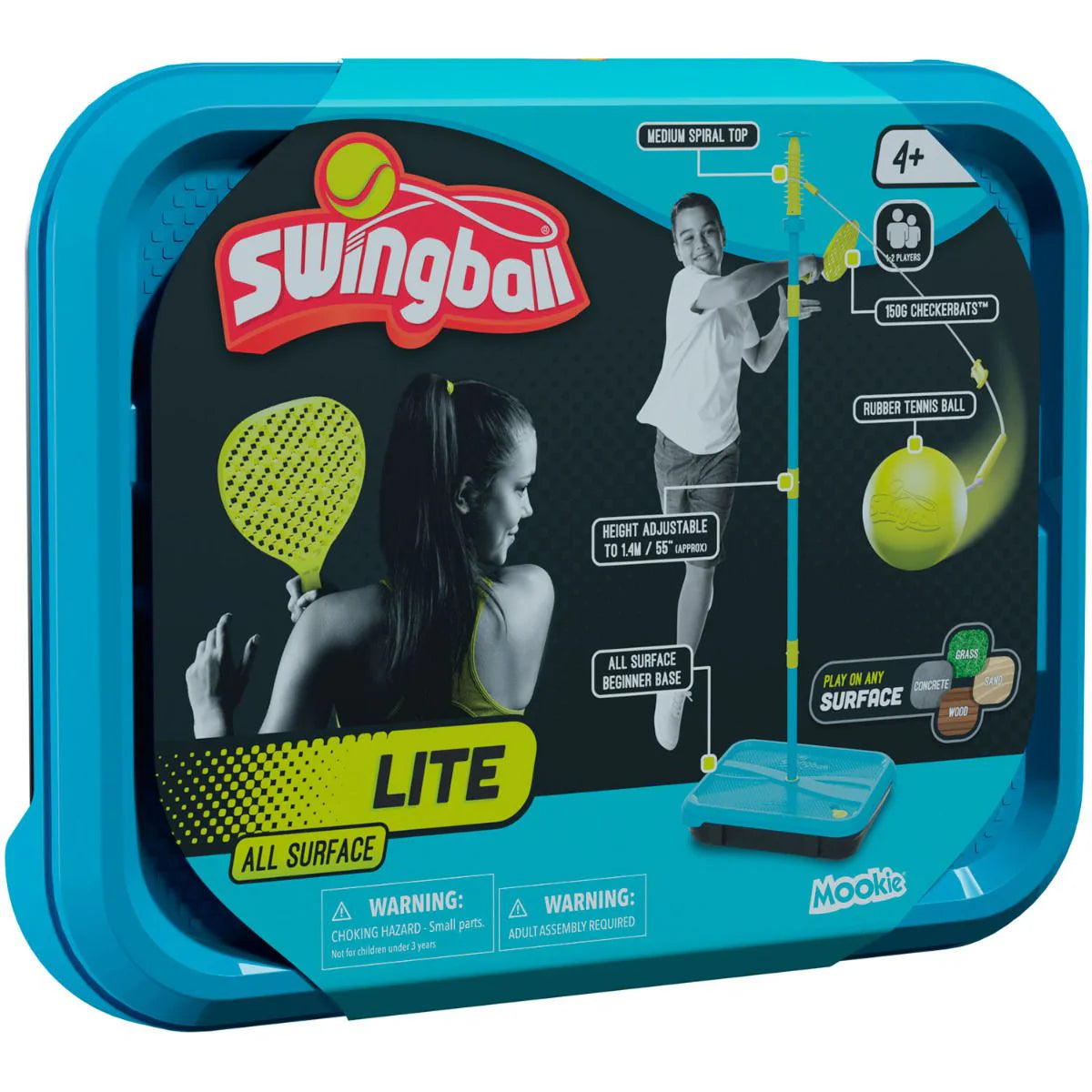 Mookie Swingball Lite all-surface set retail box, blue packaging with stand diagram