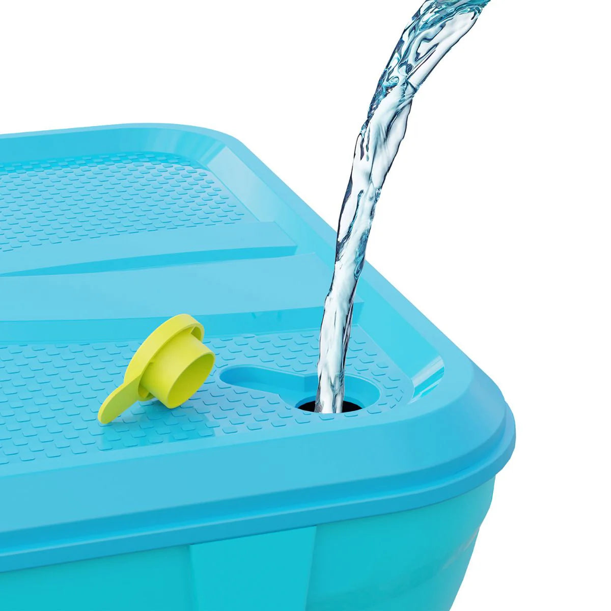 Blue splash tray with rising water jet through yellow nozzle