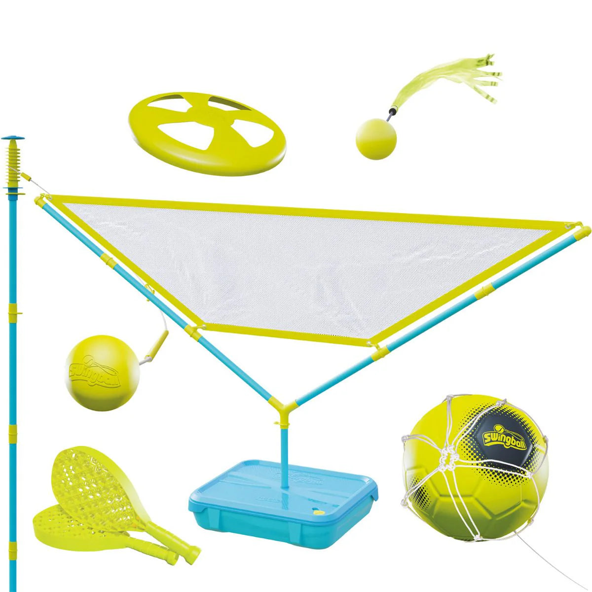 Mookie Swingball 5-in-1 set: net, poles, blue tray, ball, target disc and paddle pieces