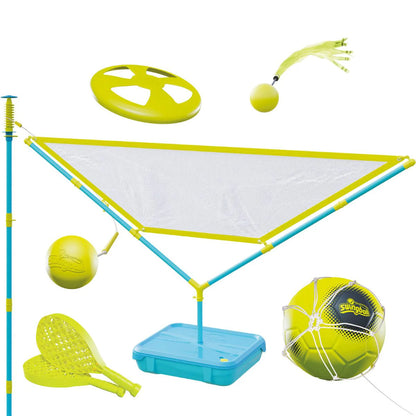 Mookie Swingball 5-in-1 set: net, poles, blue tray, ball, target disc and paddle pieces