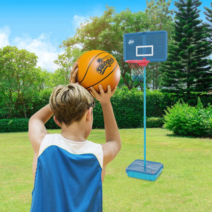 Swingball basketball set: orange ball held up beside blue hoop stand and base.