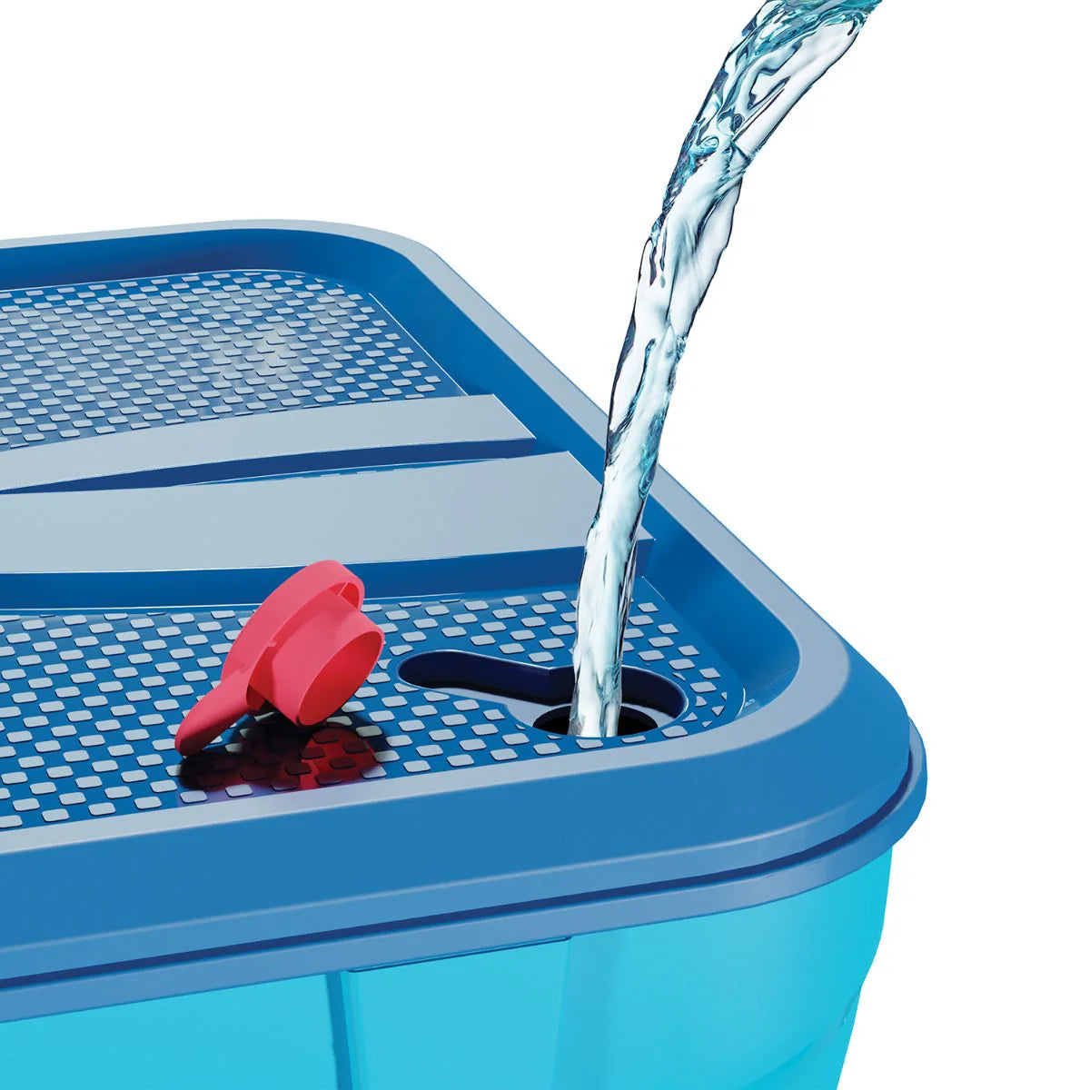 Blue Swingball base with red launcher piece and visible water stream spout.